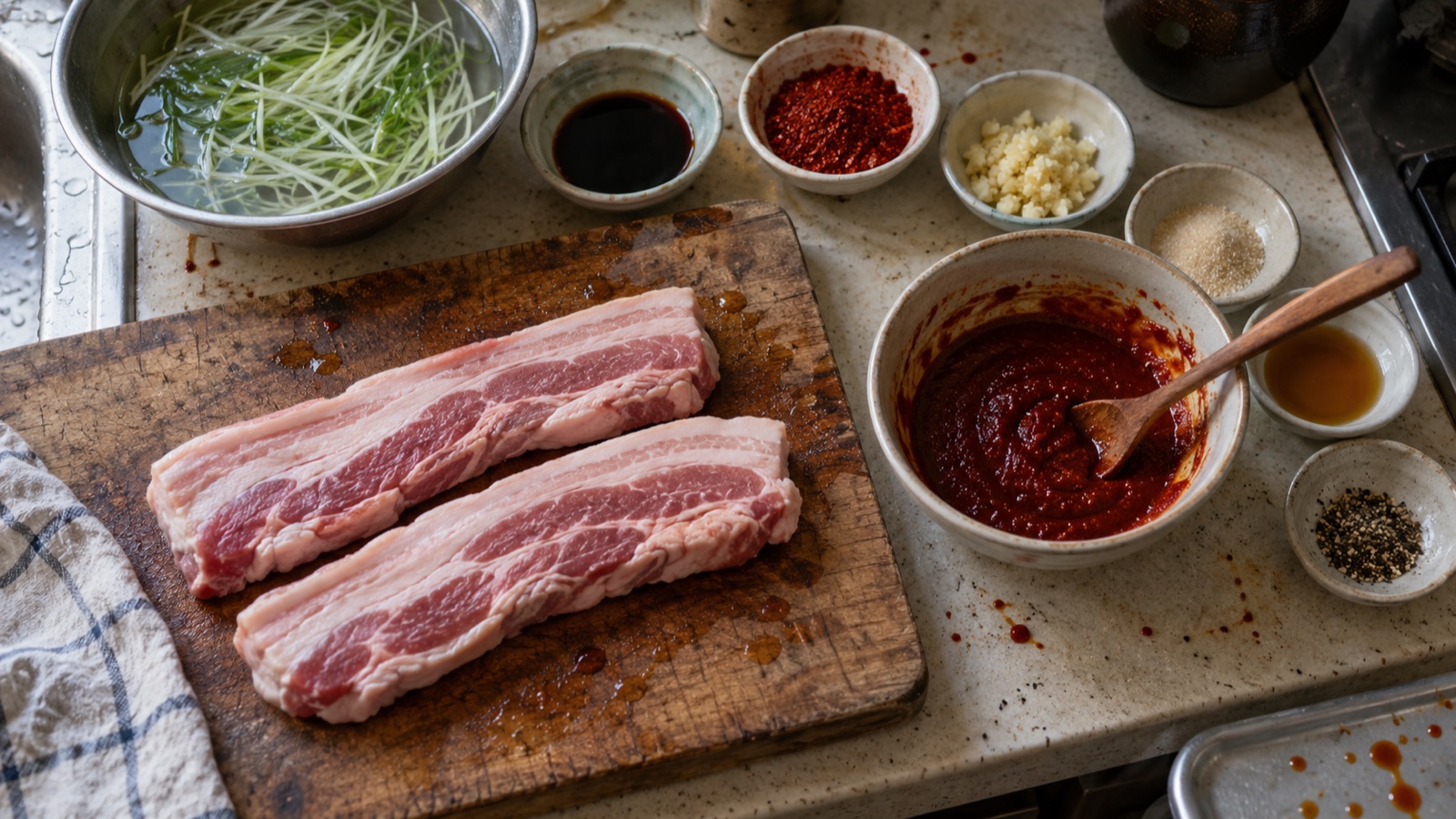 도마 위 생삼겹살 두 덩어리와 고추장 양념 그릇, 간장과 고춧가루, 다진 마늘, 물에 담가둔 파채