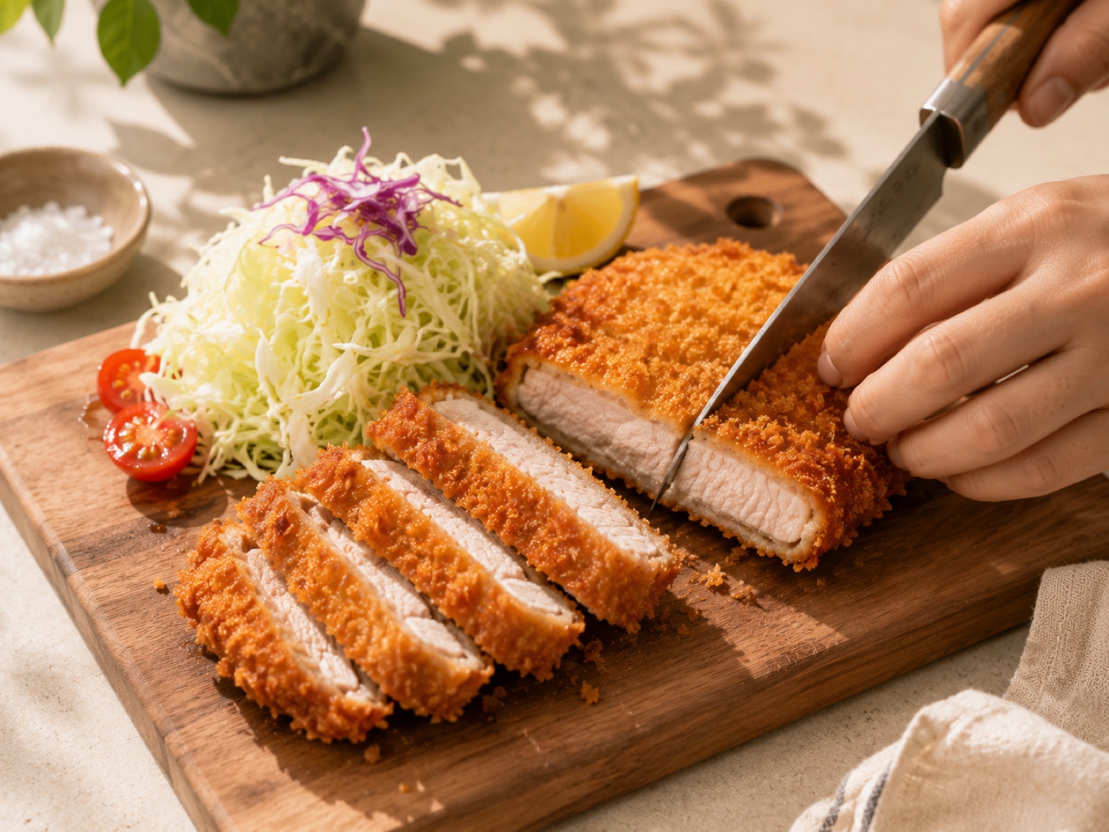 도마 위에서 칼로 썰고 있는 등심 돈까스