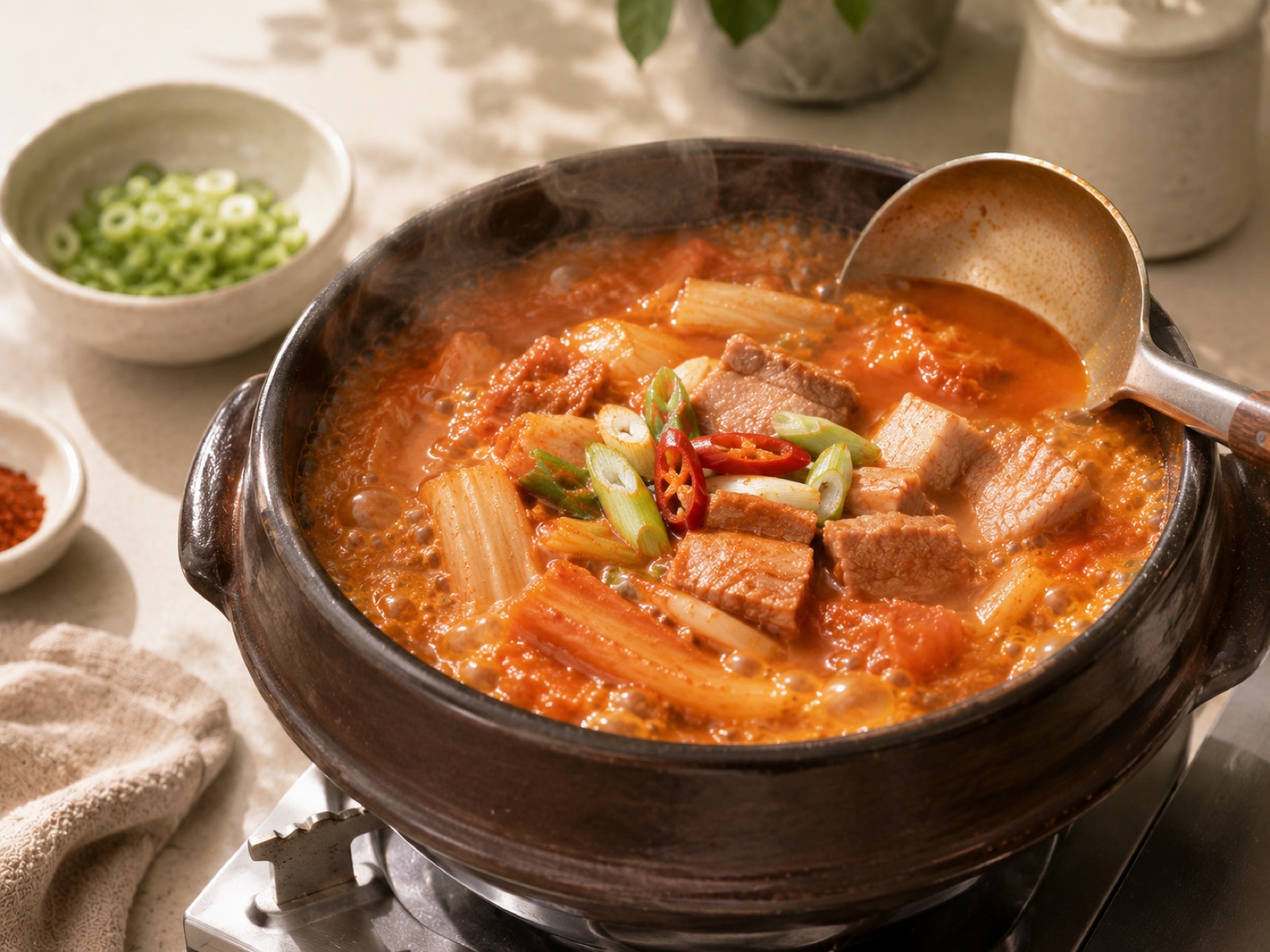 뚝배기에서 끓고 있는 목살 김치찌개