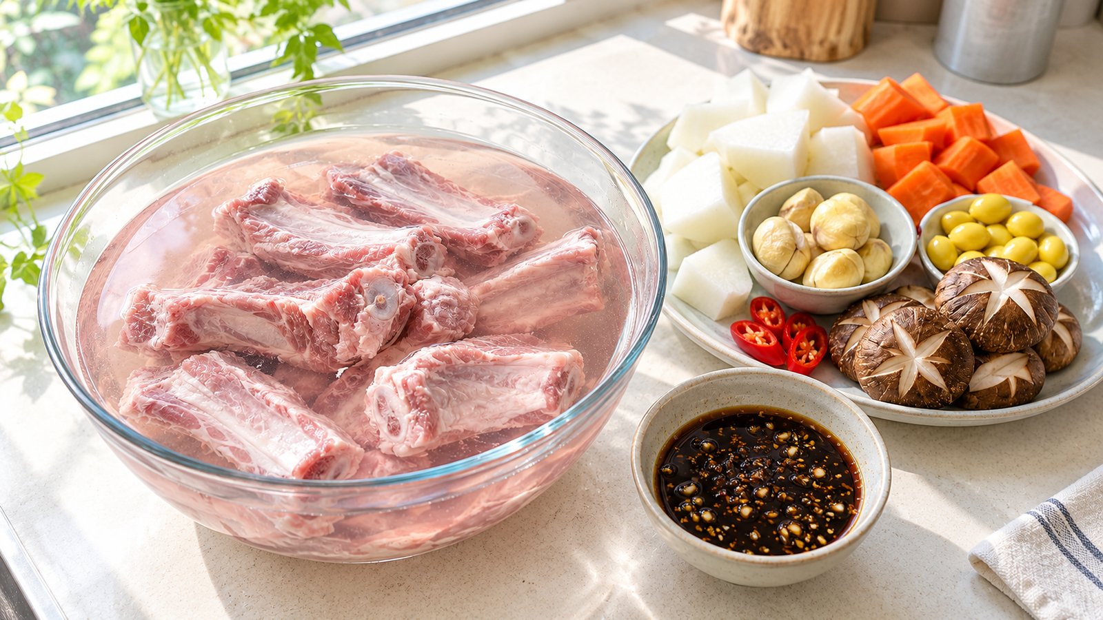 찬물에 담가 핏물을 빼는 돼지 등갈비와 옆에 둔 무, 당근, 밤, 표고버섯, 간장 양념장 그릇