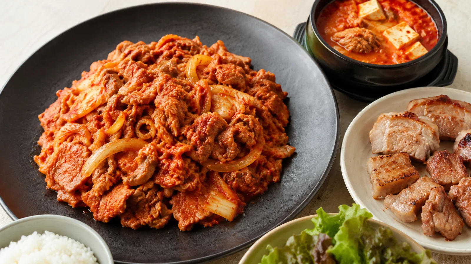 제육볶음과 김치찌개, 삼겹살 구이로 차린 돼지고기 저녁 식탁