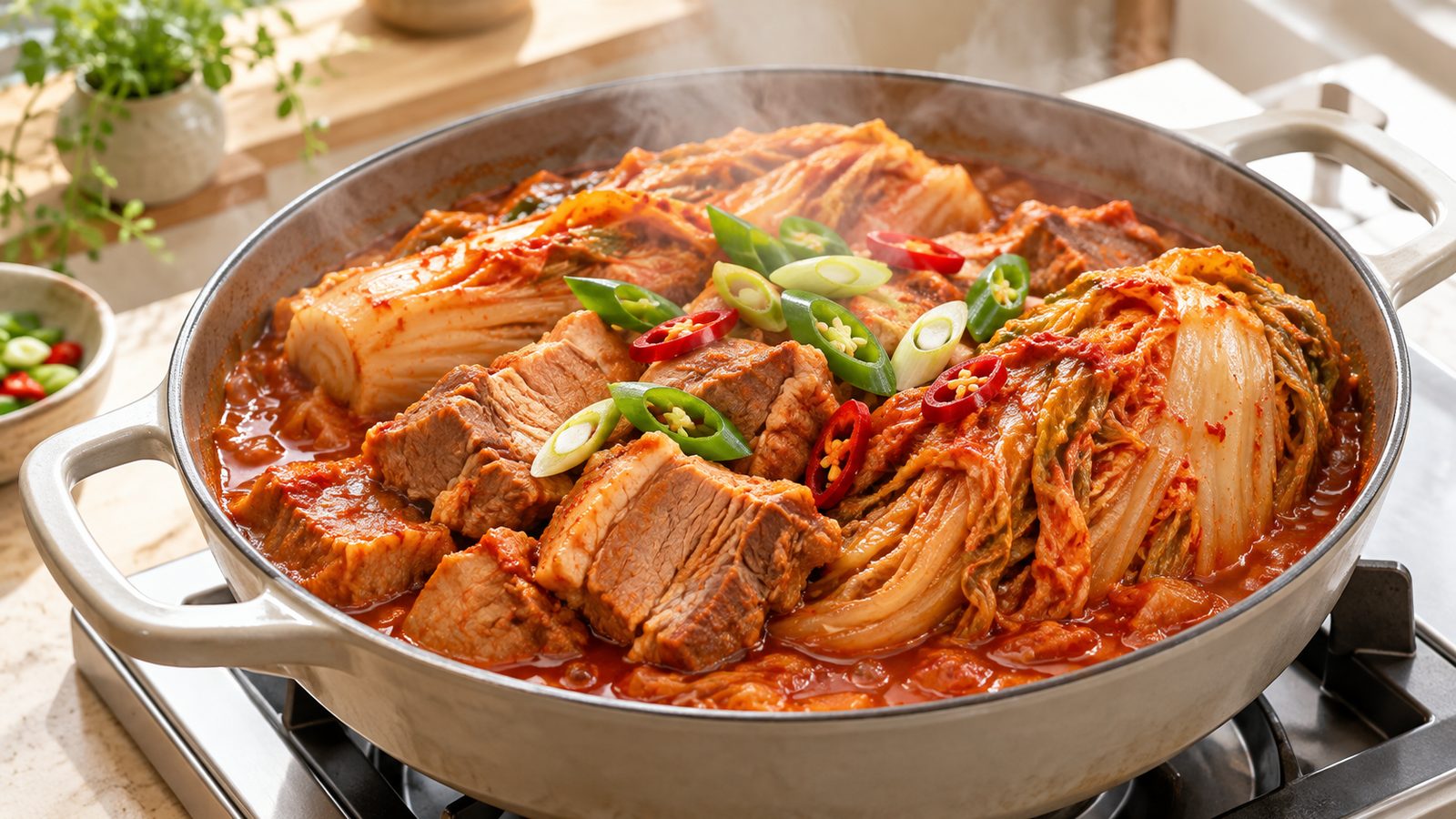 냄비에 신김치와 큼직하게 썬 목살을 함께 넣고 끓인 돼지고기 김치찜