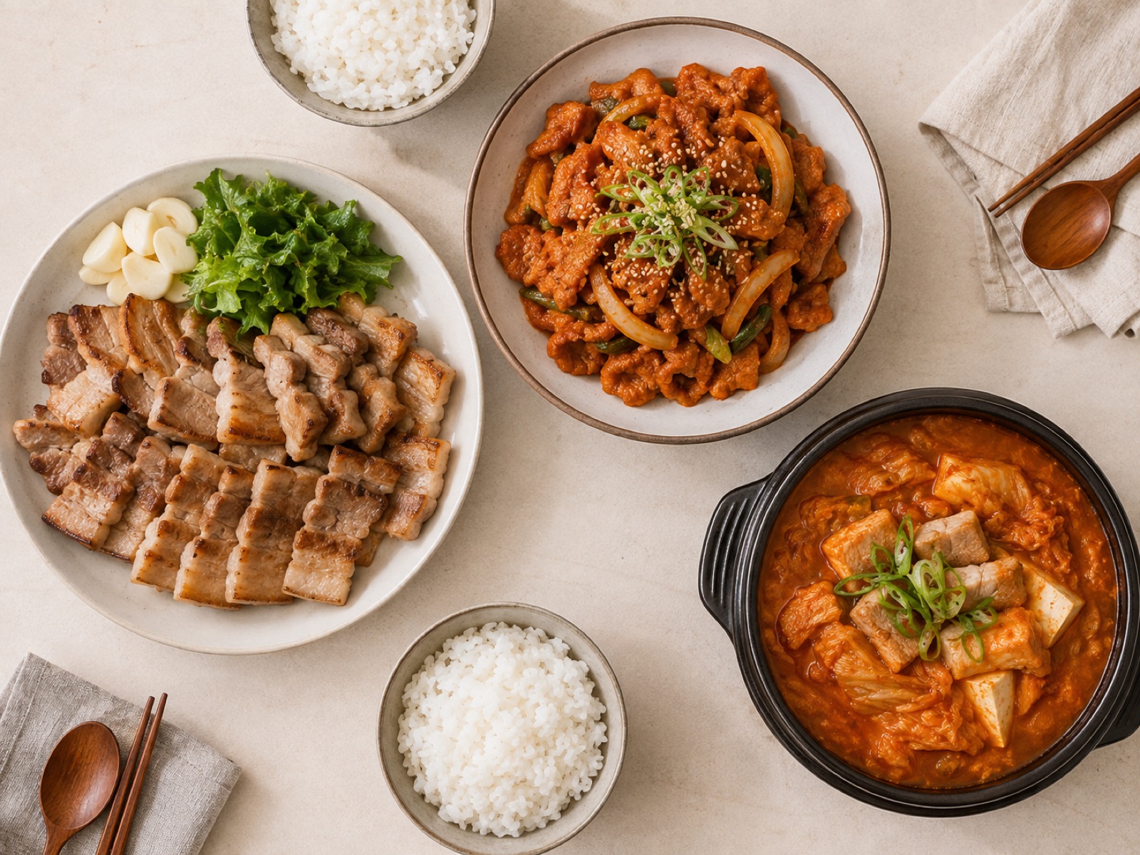 삼겹살 구이, 제육볶음, 김치찌개 세 가지 저녁 메뉴를 위에서 본 상차림